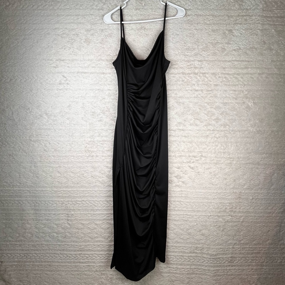 Slinky Black Ruched Dress Cowl Neck Maxi Medium Adjustable Spaghetti Straps